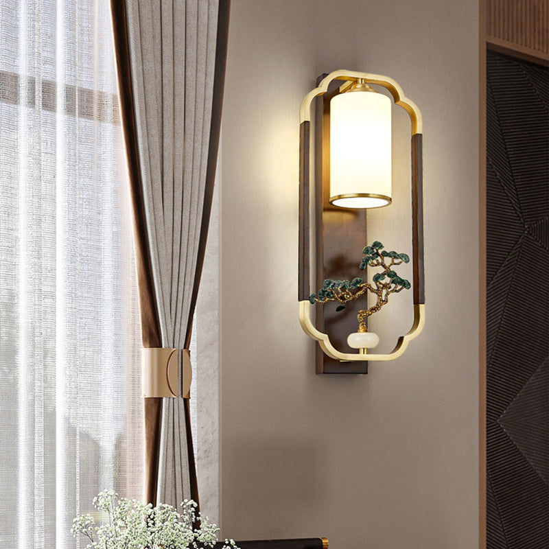 Lámpara Aplique de Pared de 1 Luz con Calabaza Tradicional China, Rectángulo, Nogal, Cobre y Vidrio para Dormitorio 
