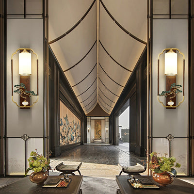 Traditionelle chinesische Kürbis-Rechteck-Walnuss-Kupferglas-1-Licht-Wandleuchter-Lampe für Schlafzimmer 