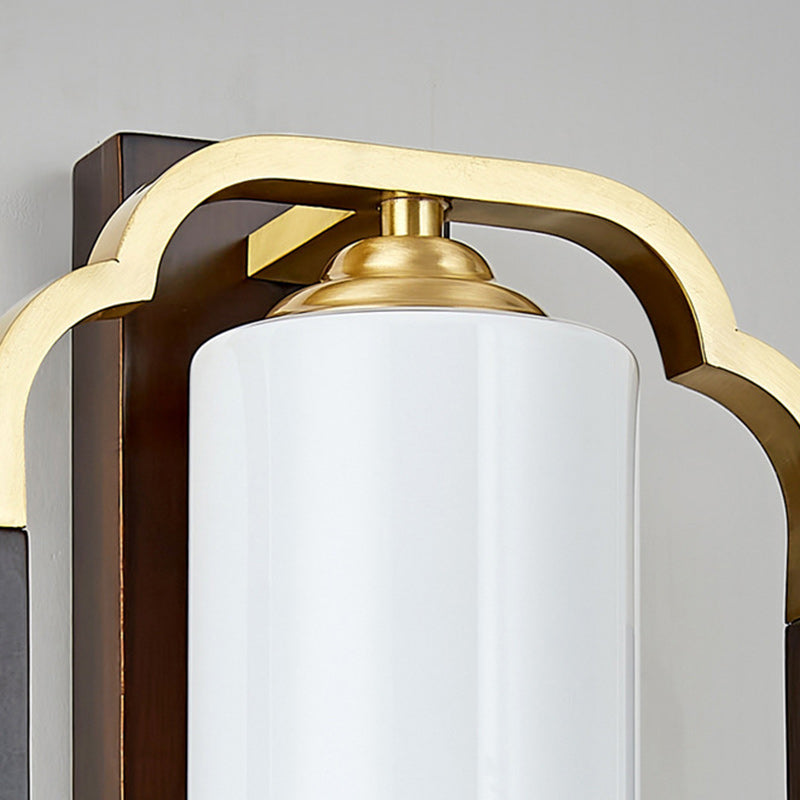 Lámpara Aplique de Pared de 1 Luz con Calabaza Tradicional China, Rectángulo, Nogal, Cobre y Vidrio para Dormitorio 