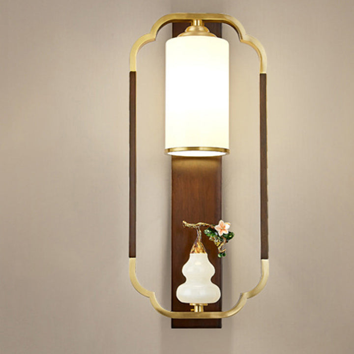 Lámpara Aplique de Pared de 1 Luz con Calabaza Tradicional China, Rectángulo, Nogal, Cobre y Vidrio para Dormitorio 