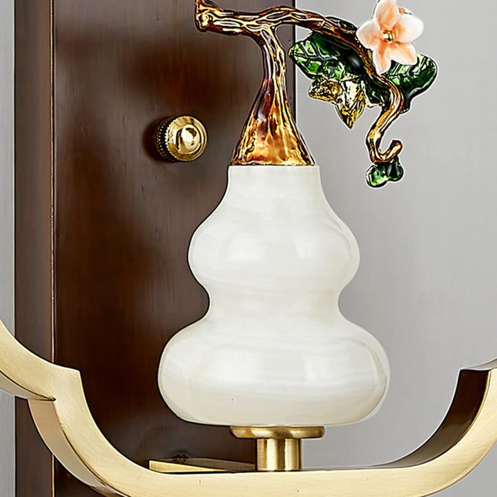 Lámpara Aplique de Pared de 1 Luz con Calabaza Tradicional China, Rectángulo, Nogal, Cobre y Vidrio para Dormitorio 