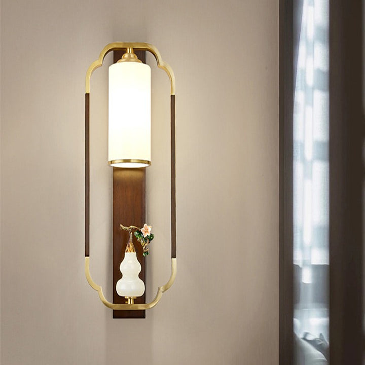 Lámpara Aplique de Pared de 1 Luz con Calabaza Tradicional China, Rectángulo, Nogal, Cobre y Vidrio para Dormitorio 
