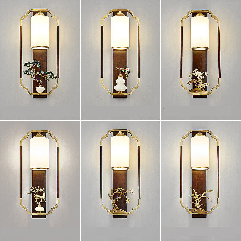 Lámpara Aplique de Pared de 1 Luz con Calabaza Tradicional China, Rectángulo, Nogal, Cobre y Vidrio para Dormitorio 