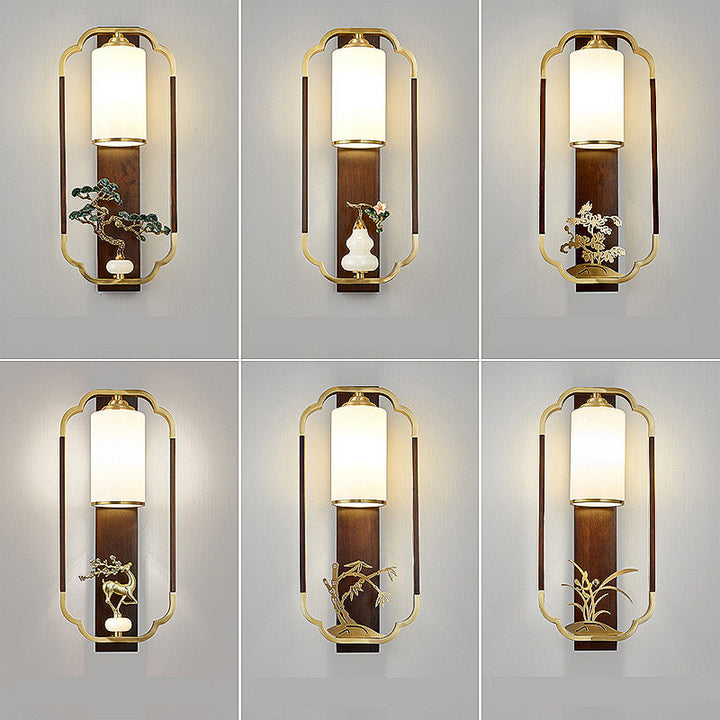 Lámpara Aplique de Pared de 1 Luz con Calabaza Tradicional China, Rectángulo, Nogal, Cobre y Vidrio para Dormitorio 