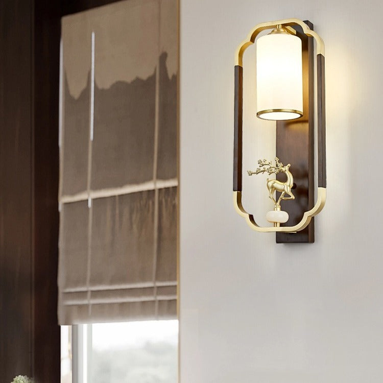 Lámpara Aplique de Pared de 1 Luz con Calabaza Tradicional China, Rectángulo, Nogal, Cobre y Vidrio para Dormitorio 