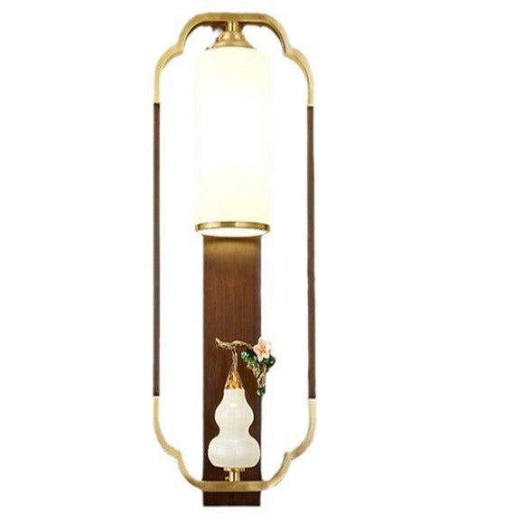 Lámpara Aplique de Pared de 1 Luz con Calabaza Tradicional China, Rectángulo, Nogal, Cobre y Vidrio para Dormitorio 