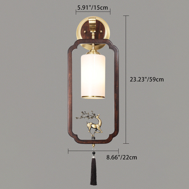 Lámpara Aplique de Pared de 1 Luz con Calabaza Tradicional China, Rectángulo, Nogal, Cobre y Vidrio para Dormitorio 