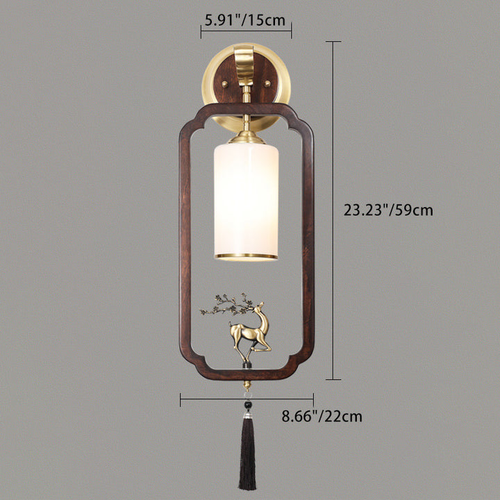 Lámpara Aplique de Pared de 1 Luz con Calabaza Tradicional China, Rectángulo, Nogal, Cobre y Vidrio para Dormitorio 