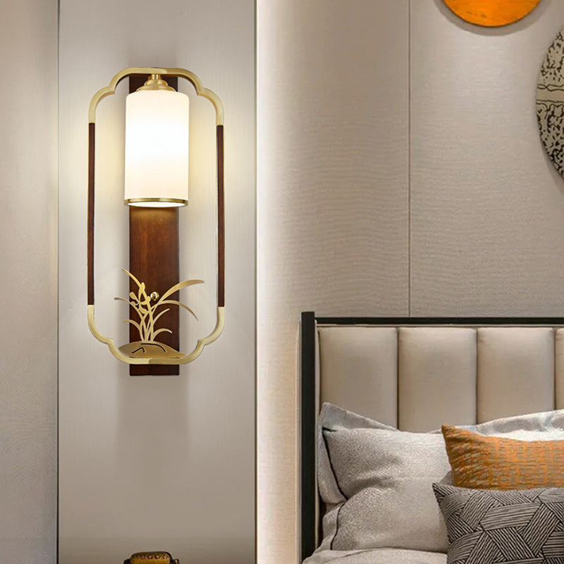 Lámpara Aplique de Pared de 1 Luz con Calabaza Tradicional China, Rectángulo, Nogal, Cobre y Vidrio para Dormitorio 