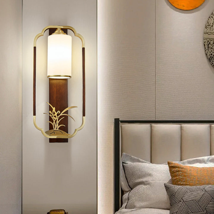 Lámpara Aplique de Pared de 1 Luz con Calabaza Tradicional China, Rectángulo, Nogal, Cobre y Vidrio para Dormitorio 