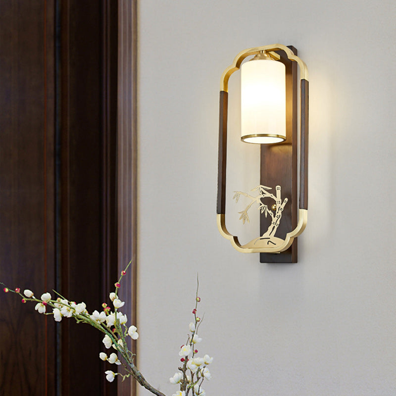 Lámpara Aplique de Pared de 1 Luz con Calabaza Tradicional China, Rectángulo, Nogal, Cobre y Vidrio para Dormitorio 