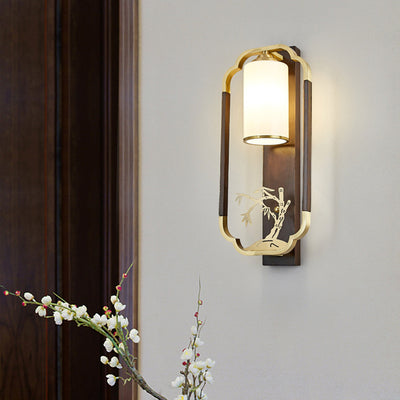 Traditionelle chinesische Kürbis-Rechteck-Walnuss-Kupferglas-1-Licht-Wandleuchter-Lampe für Schlafzimmer 