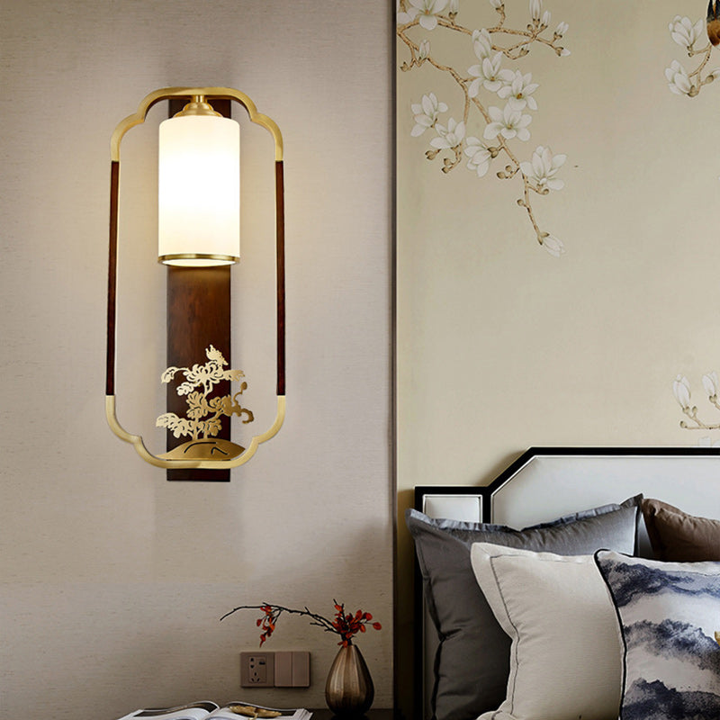 Lámpara Aplique de Pared de 1 Luz con Calabaza Tradicional China, Rectángulo, Nogal, Cobre y Vidrio para Dormitorio 