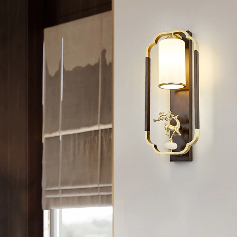 Lámpara Aplique de Pared de 1 Luz con Calabaza Tradicional China, Rectángulo, Nogal, Cobre y Vidrio para Dormitorio 