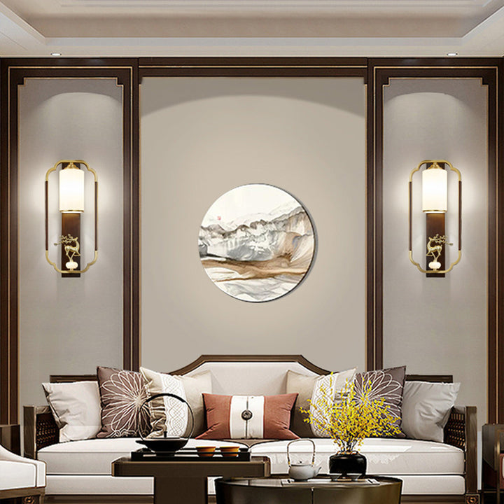 Lámpara Aplique de Pared de 1 Luz con Calabaza Tradicional China, Rectángulo, Nogal, Cobre y Vidrio para Dormitorio 