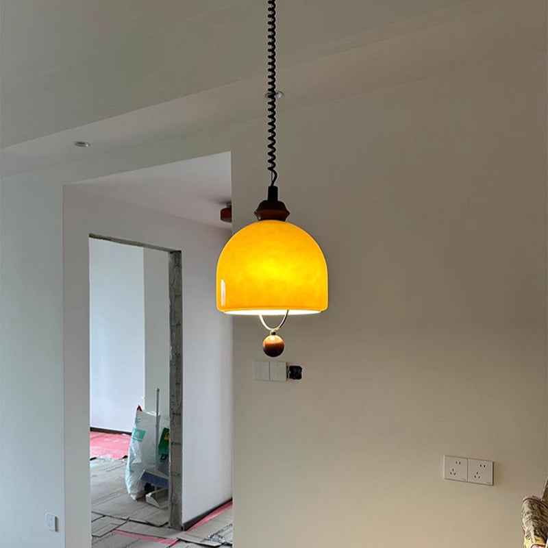 Traditional Vintage Hemisphere Metal Glass Solid Wood 1-Light Pendant Light For Bedroom