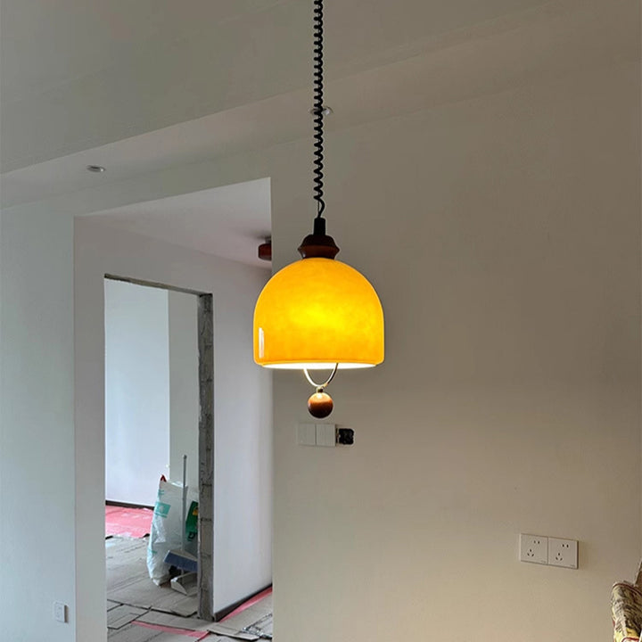 Traditional Vintage Hemisphere Metal Glass Solid Wood 1-Light Pendant Light For Bedroom
