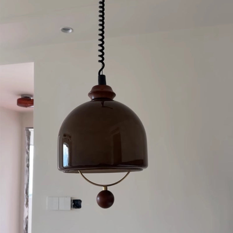 Traditional Vintage Hemisphere Metal Glass Solid Wood 1-Light Pendant Light For Bedroom