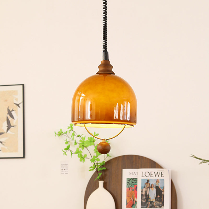 Traditional Vintage Hemisphere Metal Glass Solid Wood 1-Light Pendant Light For Bedroom