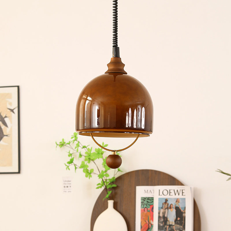 Traditional Vintage Hemisphere Metal Glass Solid Wood 1-Light Pendant Light For Bedroom