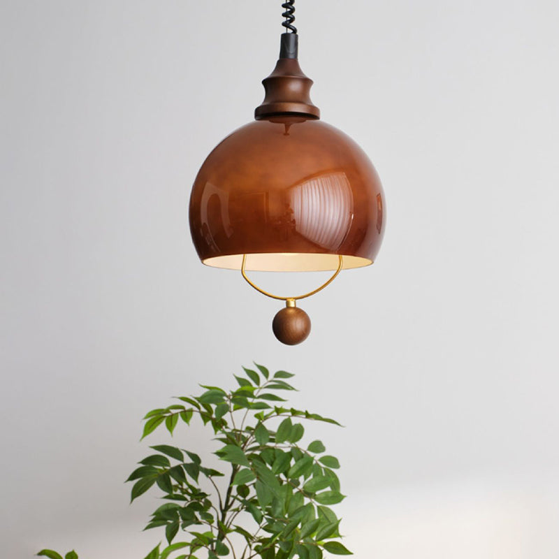 Traditional Vintage Hemisphere Metal Glass Solid Wood 1-Light Pendant Light For Bedroom