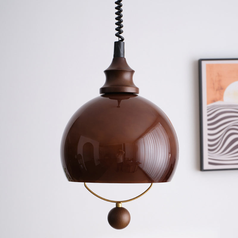Traditional Vintage Hemisphere Metal Glass Solid Wood 1-Light Pendant Light For Bedroom