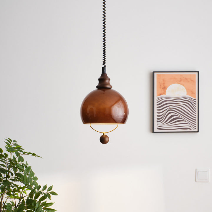 Traditional Vintage Hemisphere Metal Glass Solid Wood 1-Light Pendant Light For Bedroom