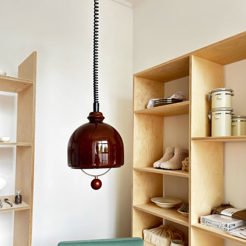 Traditional Vintage Hemisphere Metal Glass Solid Wood 1-Light Pendant Light For Bedroom