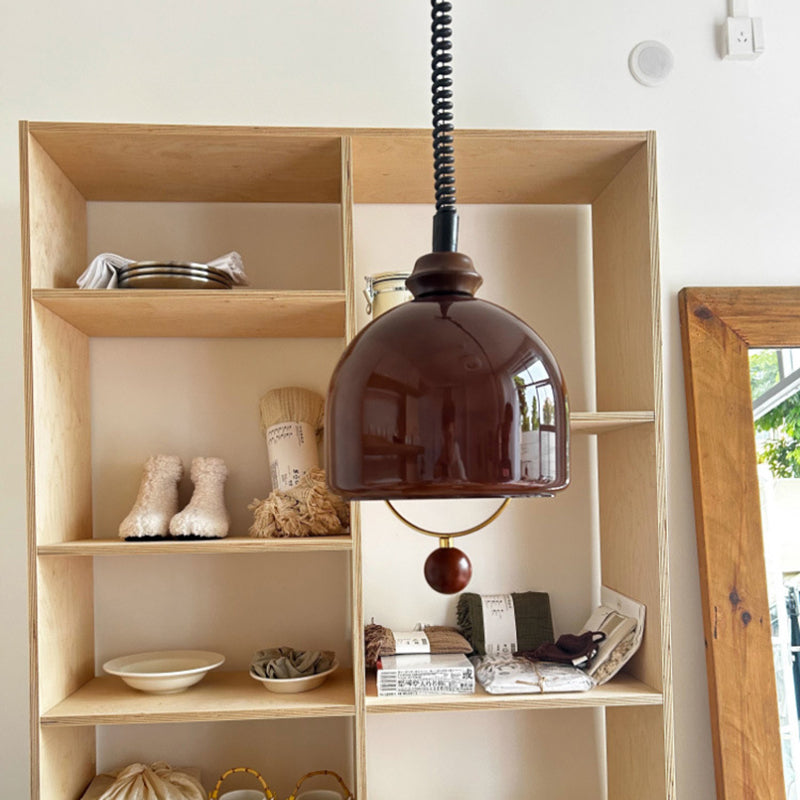 Traditional Vintage Hemisphere Metal Glass Solid Wood 1-Light Pendant Light For Bedroom