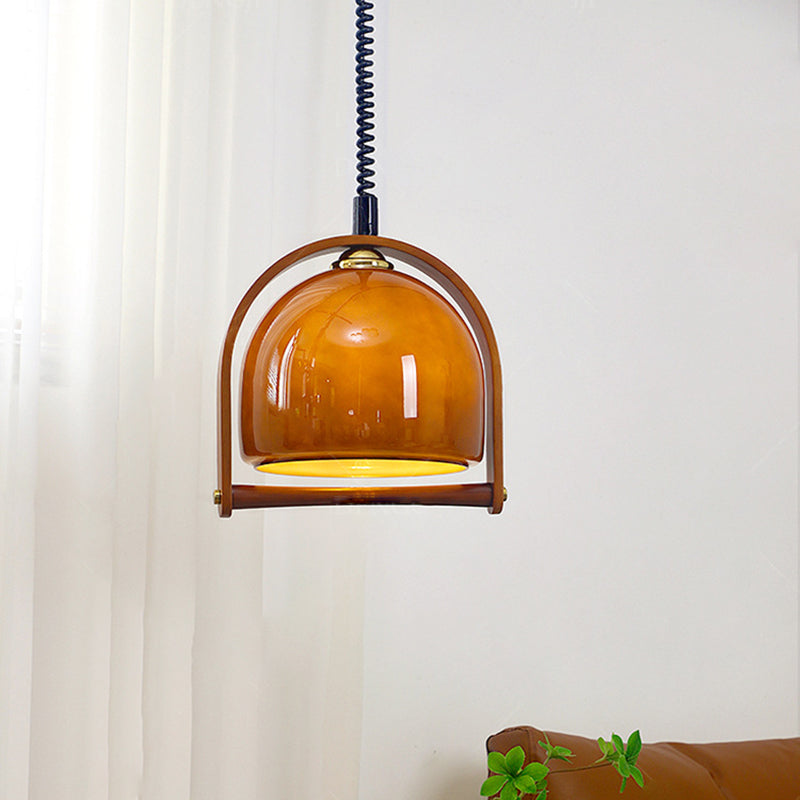 Traditional Vintage Hemisphere Metal Glass Solid Wood 1-Light Pendant Light For Bedroom