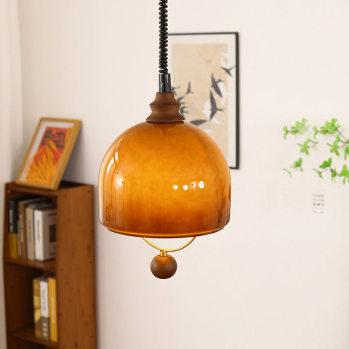 Traditional Vintage Hemisphere Metal Glass Solid Wood 1-Light Pendant Light For Bedroom