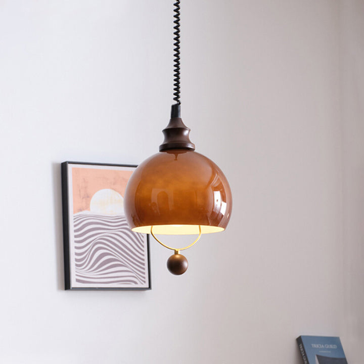 Traditional Vintage Hemisphere Metal Glass Solid Wood 1-Light Pendant Light For Bedroom