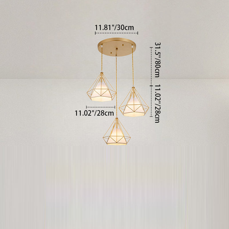 Lustre contemporain en forme de pyramide cône en fer et tissu à 3 lumières pour salle à manger 