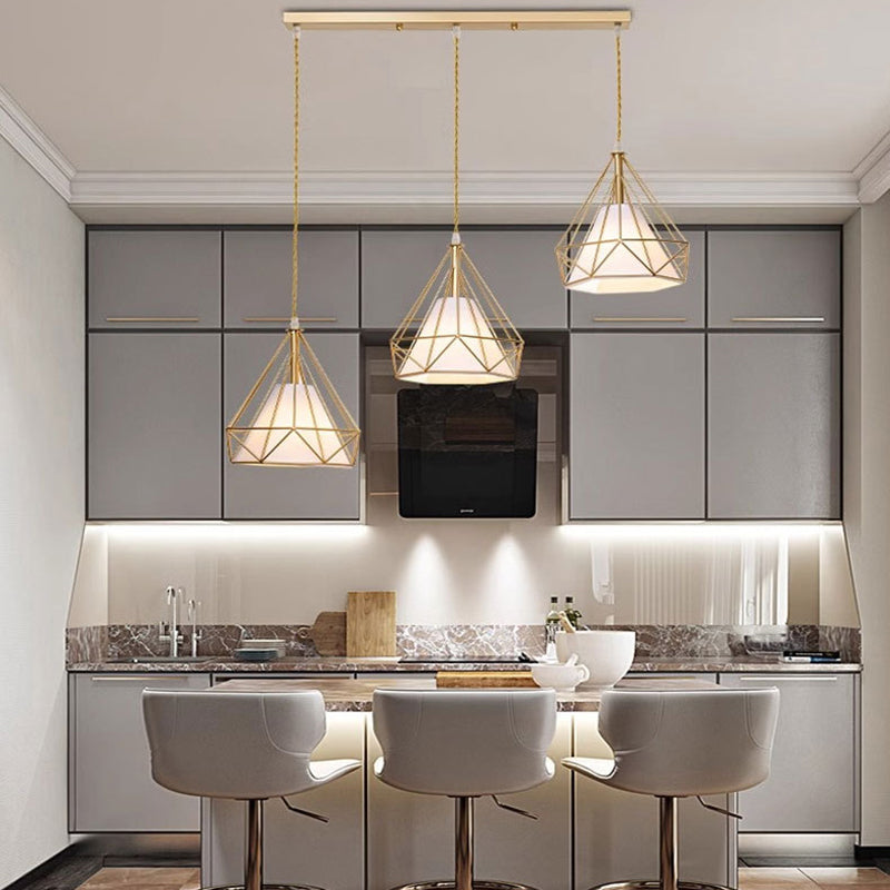 Lustre contemporain en forme de pyramide cône en fer et tissu à 3 lumières pour salle à manger 