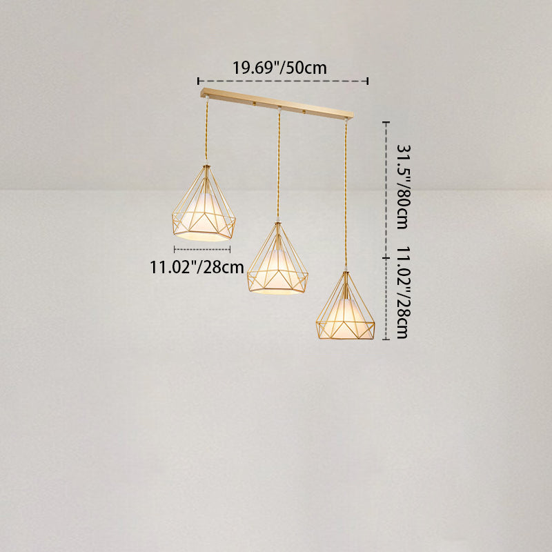 Lustre contemporain en forme de pyramide cône en fer et tissu à 3 lumières pour salle à manger 