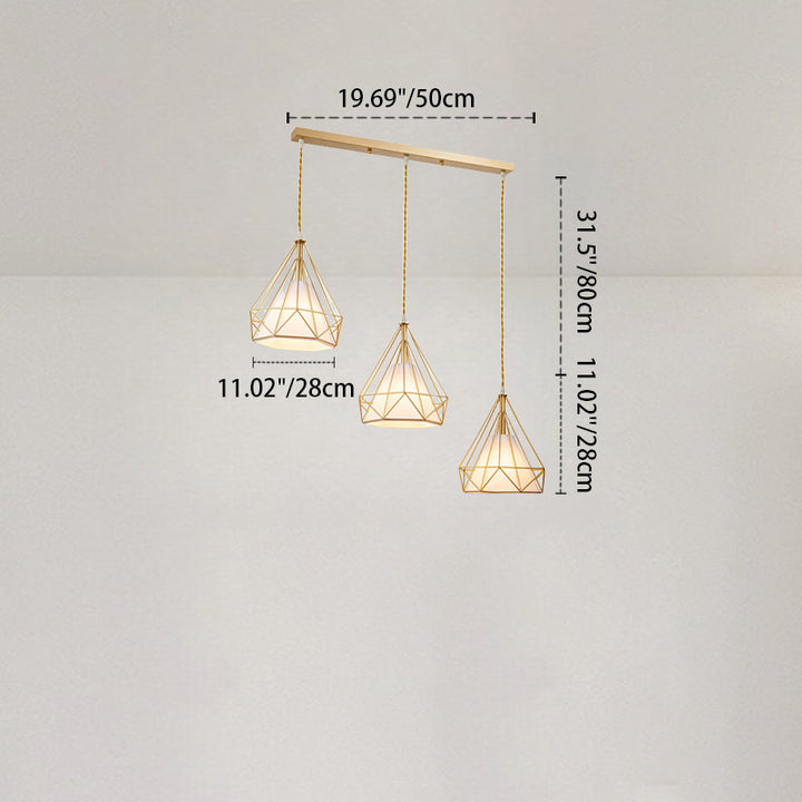 Lustre contemporain en forme de pyramide cône en fer et tissu à 3 lumières pour salle à manger 