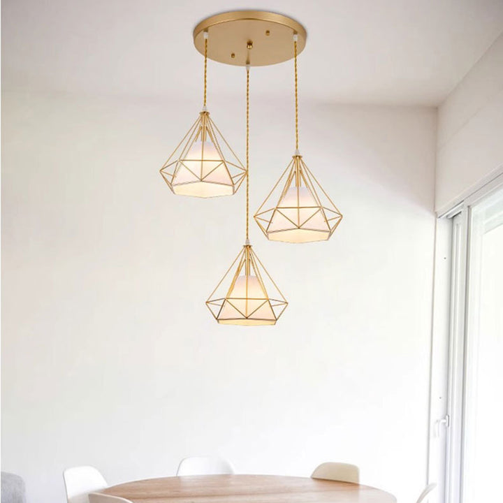 Lustre contemporain en forme de pyramide cône en fer et tissu à 3 lumières pour salle à manger 