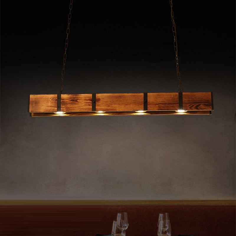 Lustre rectangulaire traditionnel vintage en bois massif, fer et verre avec LED pour salle à manger 