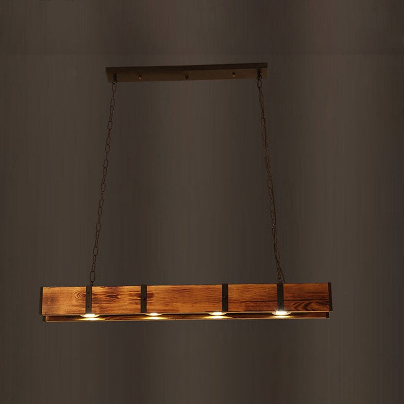 Lustre rectangulaire traditionnel vintage en bois massif, fer et verre avec LED pour salle à manger 