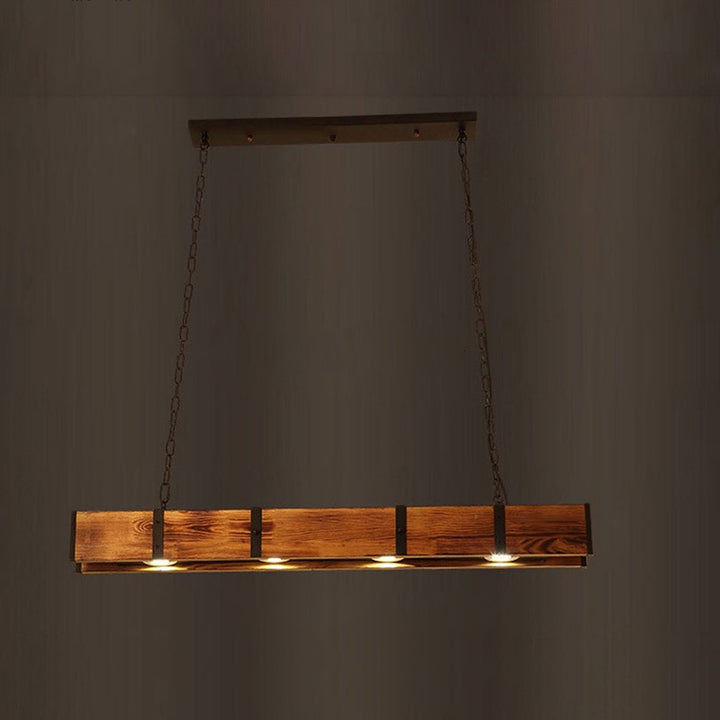 Lustre rectangulaire traditionnel vintage en bois massif, fer et verre avec LED pour salle à manger 