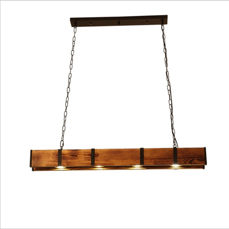 Lustre rectangulaire traditionnel vintage en bois massif, fer et verre avec LED pour salle à manger 