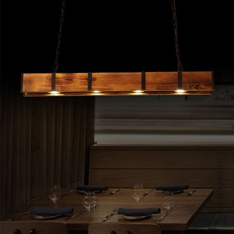 Lustre rectangulaire traditionnel vintage en bois massif, fer et verre avec LED pour salle à manger 