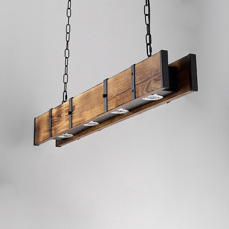 Lustre rectangulaire traditionnel vintage en bois massif, fer et verre avec LED pour salle à manger 