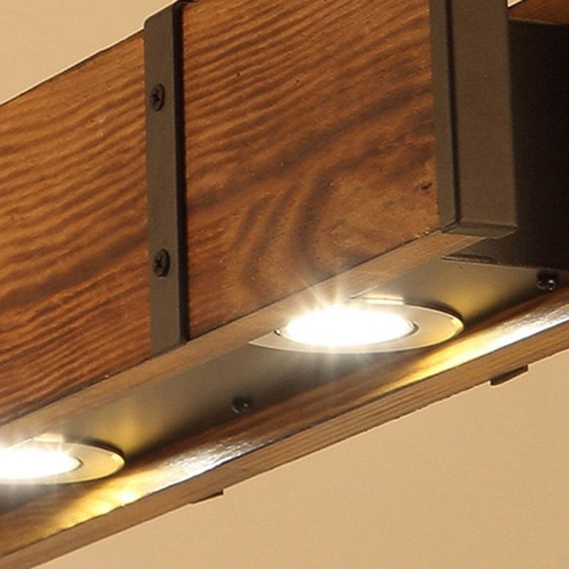 Lustre rectangulaire traditionnel vintage en bois massif, fer et verre avec LED pour salle à manger 