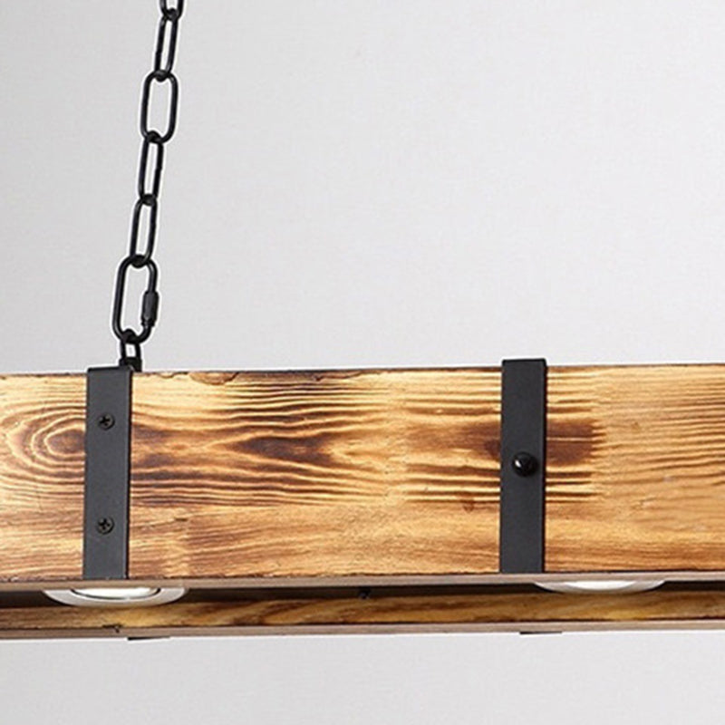 Lustre rectangulaire traditionnel vintage en bois massif, fer et verre avec LED pour salle à manger 