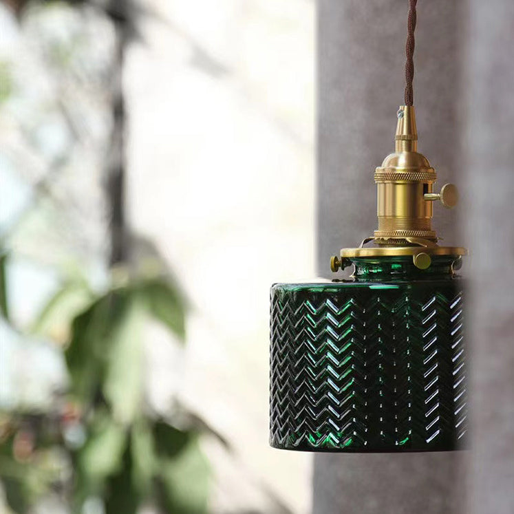 Lustre suspendu traditionnel vintage en verre cylindrique cuivre à 1 lumière pour chambre 