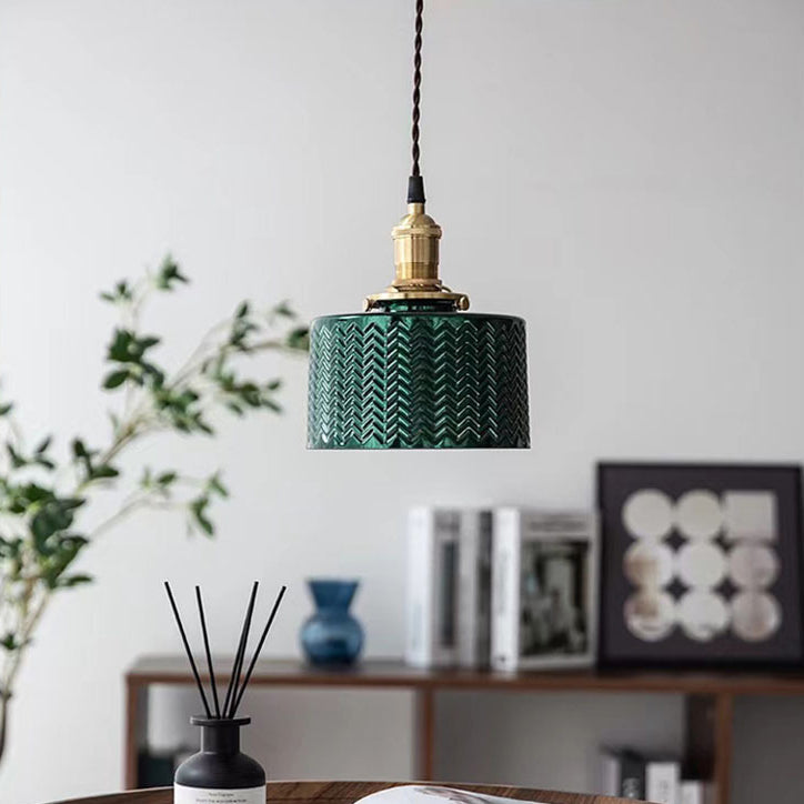Lustre suspendu traditionnel vintage en verre cylindrique cuivre à 1 lumière pour chambre 