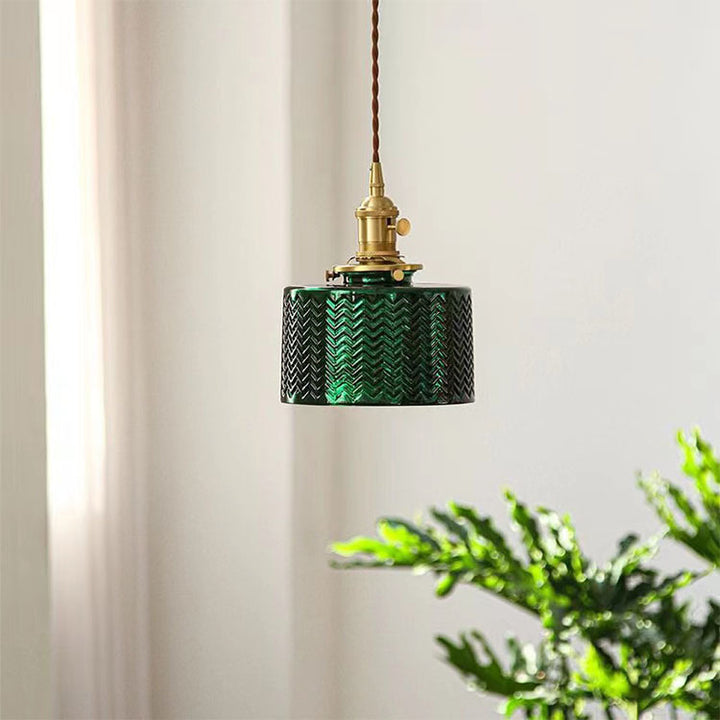Lustre suspendu traditionnel vintage en verre cylindrique cuivre à 1 lumière pour chambre 