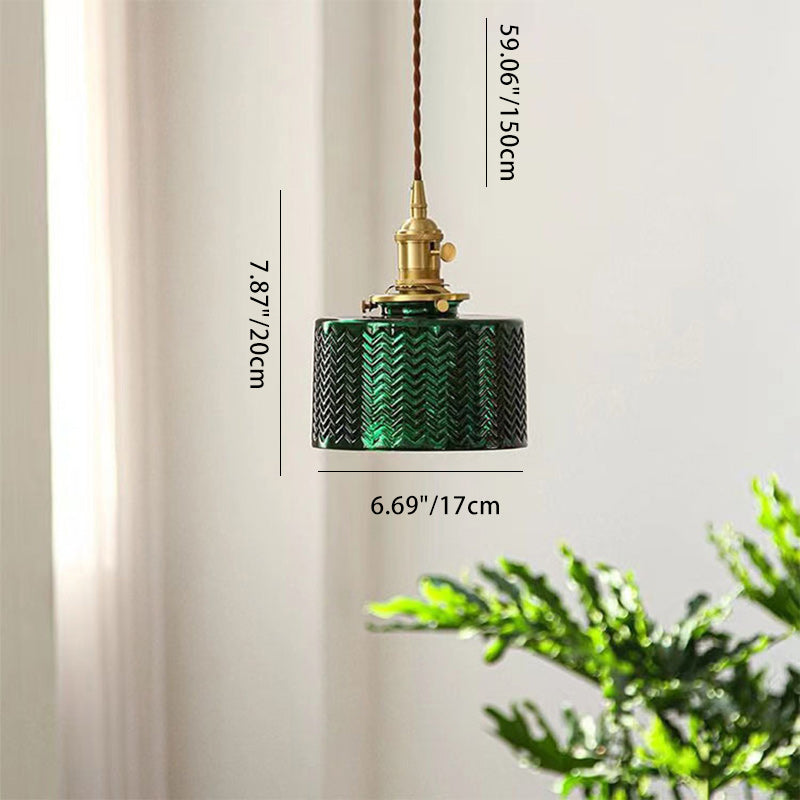 Lustre suspendu traditionnel vintage en verre cylindrique cuivre à 1 lumière pour chambre 
