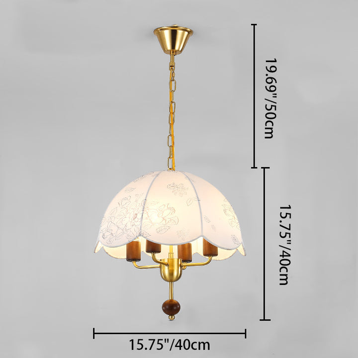 Dôme traditionnel français en tissu et fer avec bois massif, suspension à 4 lumières pour chambre 